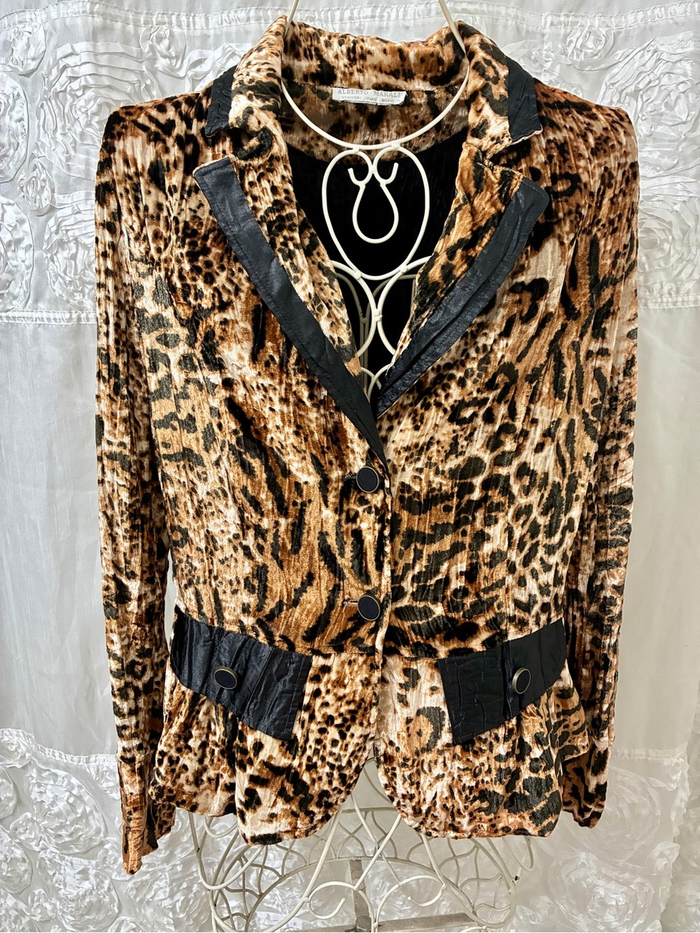 Alberto Makali Leopard Print Velvet Jacket with Black Trim